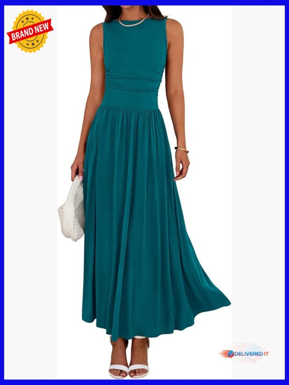 Sleeveless Ruched High Waist Maxi Dress with Pockets Flowy A-Line